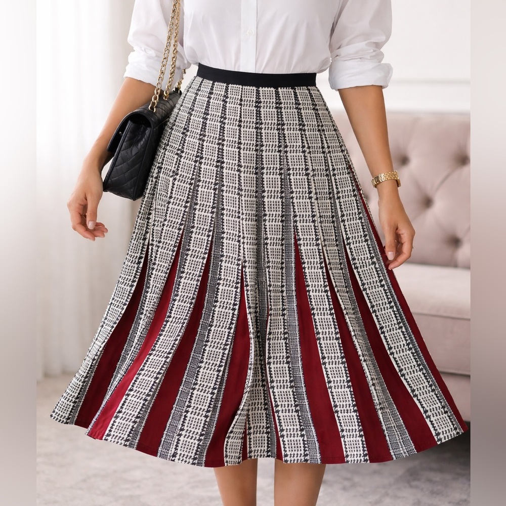 Zara Black, White & Burgundy Pleated A-Line Midi Skirt